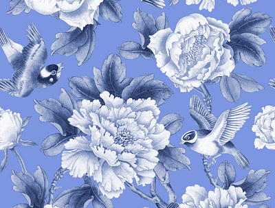 Seamless pattern in Chinese Gongbi style. Peonies and birds. exclusive