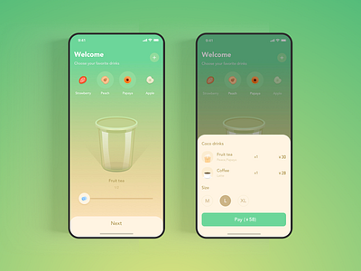 Drink order page apple coffee cup drink drinks food fruits gradient health ice block interaction order page papaya peach straw strawberry tea transparent ui