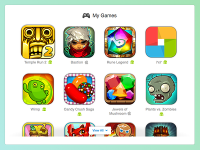 My Games (2x) android apple bastion games gaming grid heyzap hover iconography icons ios iphone list mobile plants temple run tiles web zombies