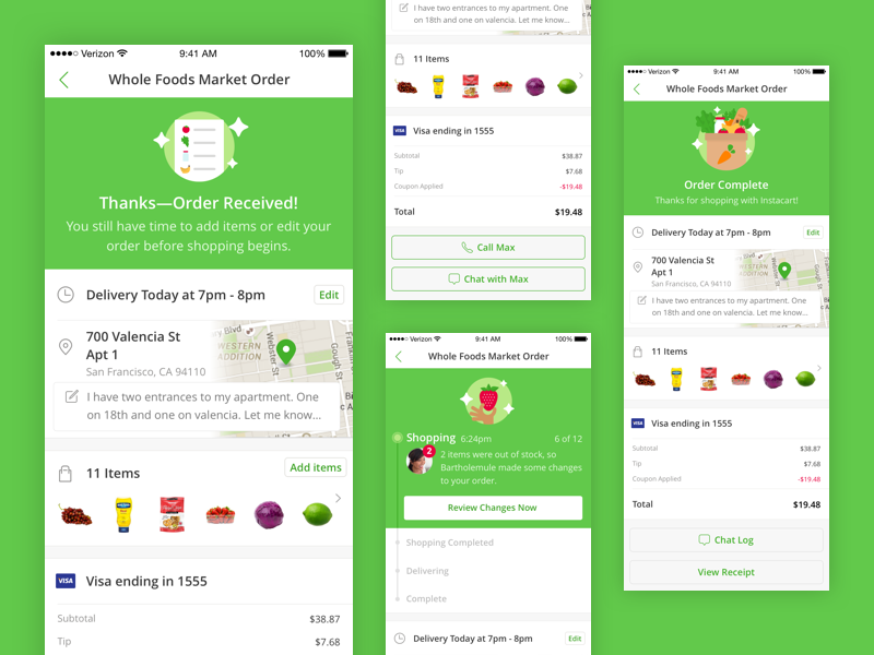 Instacart Orders on iOS address time receipt contact items state delivery progress status order iphone ios