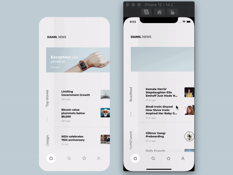 Implemented "News App Interaction" animation app cuberto github minimal swift uiux xcode