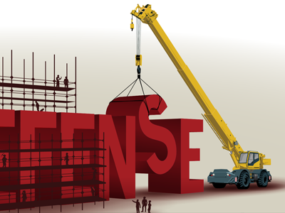 Building Your Defense 3d type construction crane flyer illustration lawyer marketing postcard print red typography