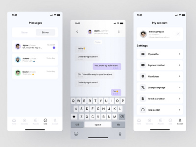 Laundry app - Messages and account screen account app apps design chat chat box design dribbble dribbble best shot laundry app messages minimalist app design minimalist design profile ui ui design ux