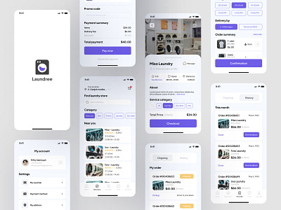Laundree Delivery - Minimalist Mobile App account app checkout delivery design discovery dribbble dribbble best shot history ios laundry minimalist app design minimalist design mobile design payment product detail page profile ui ui design ux