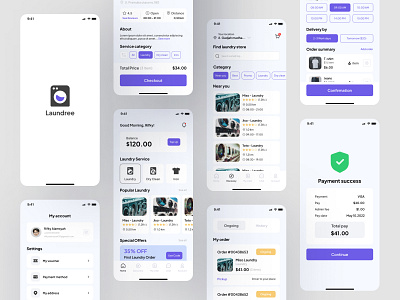 Laundry Delivery - Minimalist App Design app checkout delivery design detail transaction discovery dribbble dribbble best shot home screen ios laundry laundry service minimalist design mobile design order list payment product detail page ui ui design ux