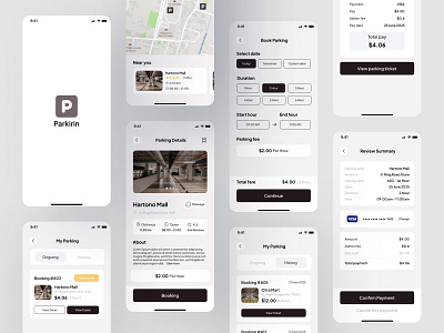 Parking App - Minimalist App Design book parking design dribbble dribbble best shot history homepage minimalist design my parking parking parking app payment review summary total payment transaction ui ui design ux