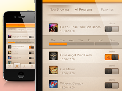 Showtime alarm app buatoom calendar clean idea interface ios iphone list movie orange program show switch ui