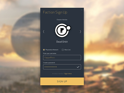 Daily UI 001 – Sign Up 001 dailyui dead orbit destiny faction mobile page pop up sign up ui ux