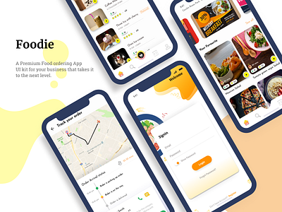 Foodie - A Food Ordering App UI kit android app design food app food delivery app food delivery app ui food delivery app ui food delivery application food ordering app food ordering app ui food ordering app ui onboarding screen restaurant app ui kits uidesign