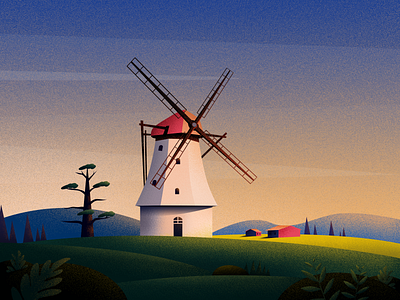 Dutch windmill art evening hill home illustration illustrations landscape light nature sunset tree windmill
