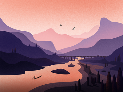 Quiet valley evening hill illustration illustrations journey pond river sunset travel tree