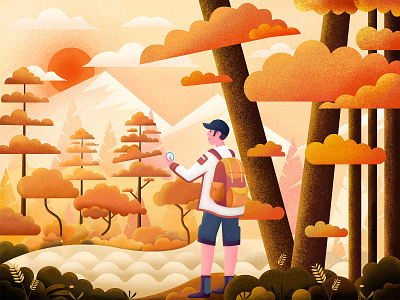 Traveler in the sunset forest landscape mountaineering sunset travel traveler 插图 设计