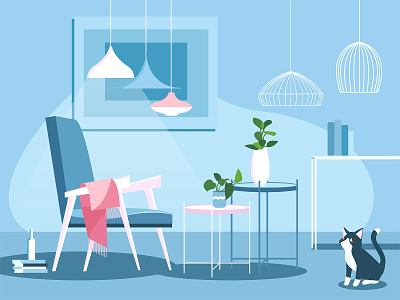 Cat and blue home cat furniture home lights logo 插图 花卉