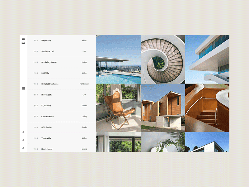 Aarhus - Interactive Project List animation architecture asymmetric design furniture hello dribbble interior minimal modern motion portfolio showcase slider splitscreen ui ui ux design ux ux design web deisgn website