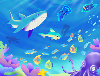 Shark illustration jeallyfish procreate