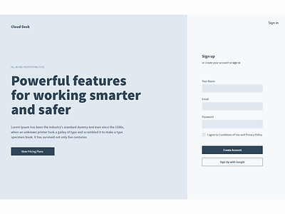 cloud desk Signup Page wireframe