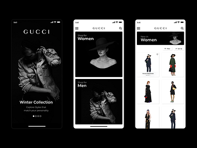 Mobile UI Gucci app design application blackandwhite branding design ecommerce app gucci mobile mobile design mobile ui riturohilla ui user experience ux web