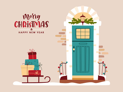 Christmas door christmas concept congratultions design door home decorations illustration vector vintage