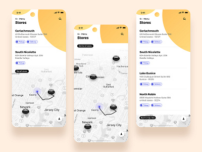 Stores address amenities app concept food list view location locator map map view resturant search stores trending ui ux