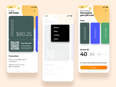 Gift cards amount app card category food friends gift card giftcard giftcards personalize popover popup qrcode reload scan sharing transfer trending ui ux