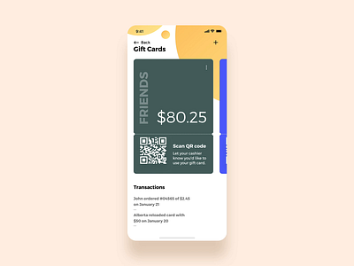 Personalized Gift cards amount animation app card category food friends gift card giftcard interaction personalized qrcode reload scan share transaction transfer trending ui ux