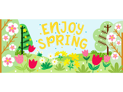 Spring banner with lettering design doodle flat illustration forest illustration lettering spring typography vector