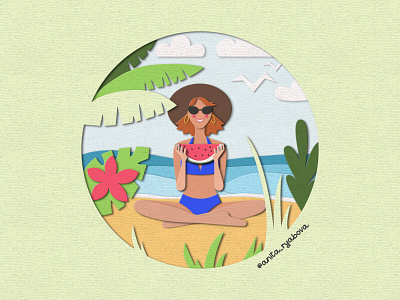 Summer girl beach flat illustration girl illustration paperart papercut sea summer travel