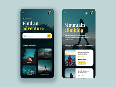 Day 18 of 30 - Adventure Booking App adventure app appdesign camping design interface kayaking minmal mountain climbing snorkel ui