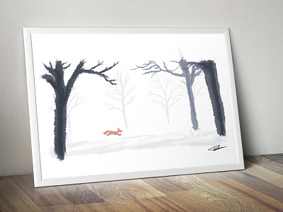 Fox in snowy landscape.