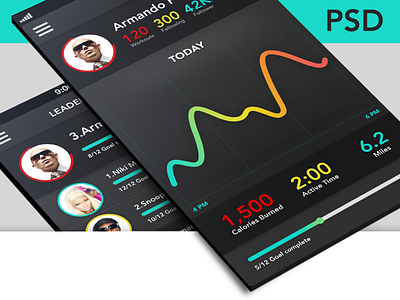 Fitness app+Leader board screen (PSD Freebie) app colour contract dark detect dimension fitness free freebie graph gym iphone leader board point profile psd run social source time typography ui