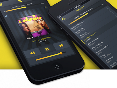 PSD Music Player and Playlist album app artist background bar clean cover dark freebie iphone list music pause perspective play player playlist progress psd radio resource song ui yellow