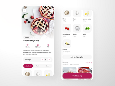 Recipes App Design bake cake clean cook cooking design desserts ingredients interface mobile receipt recipe sweet tasty ui ux