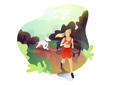 Morning run dog illustration morning park run running sport sunrise trees vector