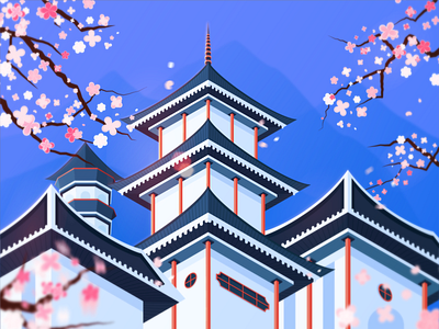 CASTLE 2d blossom trees castle first illustration isometric isometric illustration vector art