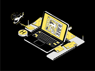 04 | Modern Post Office art black and white camera computer design factory helicopter illustration isometry laptop mail post post office vector work yellow