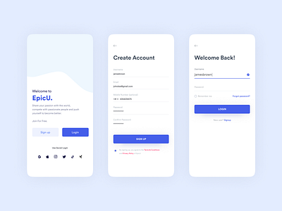 App screens for Epic mobile app social ui ui design ui ux