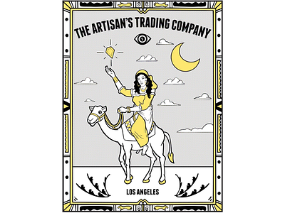 The Artisans Trading Co animals animate art camel cartoon character city color desert flyer gold grey gypsy los angeles moon pin vintage yellow