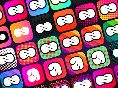 Along App Icon, discarded iterations along app icon branding cartoon gradients grids half tone icon ios logo sticker