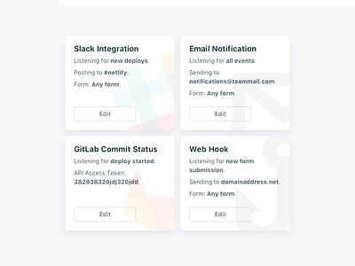 Integrations (2.0 Sneak Peak) app cards email integrations netlify notifications slack web