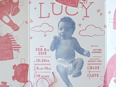 Lucy's Birth Announcement - Complete birth announcement letterpress lucy paperdolls
