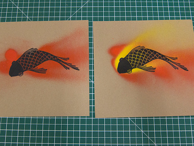 Goldfish (letterpress prints part 3) animal cut goldfish illustration inking jason kan letterpress linoleum montana paints print printing prints spray