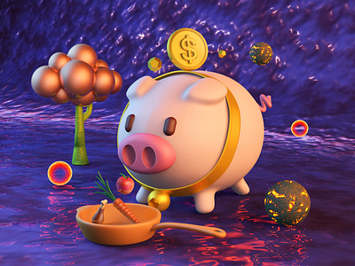Piggy's Travels 3d 3d icon bell c4d cute design flame food gold illustration ip metal material moon pet pig purple scenes tree visualize water surface