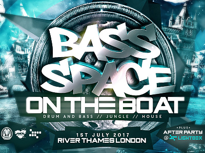 Event Artwork for Bass Space - ON THE BOAT. digitalart dnb drumbass event artwork flyer design rave