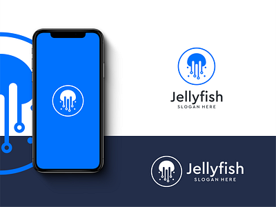 Jellyfish Logo Design Template app blue blue logo branding creative design fish geometric graphic icon illustration inspiration internet jellyfish logo ocean sea tech design vector water