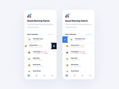 Comment moderation app concept. app blue clean comments dashboard app emoji emojis graphics minimal minimalist minimalistic moderation modern ui ux white