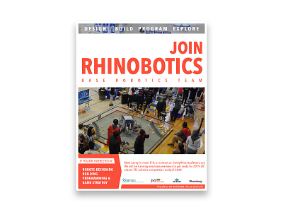 Rhinobotics | Recruitment Flyer - Red background bronxsoftware club competition design flyer flyer artwork flyer design illustration orange programming rhinobotics robotics robots team typography