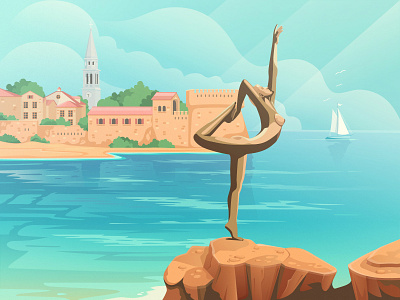 Old town in Budva budva illustration landscape montenegro olld town sea statue summer town vector