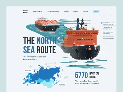 The North Sea Route arctic cargoship ice breaker iceberg illustration landing landing page map north sea route route sea ui web design website