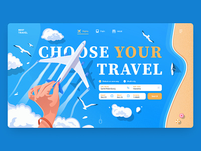 Best travel aircraft airline airline search beach clouds flights homepage illustration landing page plane plane ticket sea search ticket sky ticket travel ui ux webdesign website