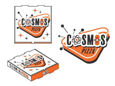Cosmos Pizza Logo and Pizza Box atom logo nucleus pizza pizza box retro typography